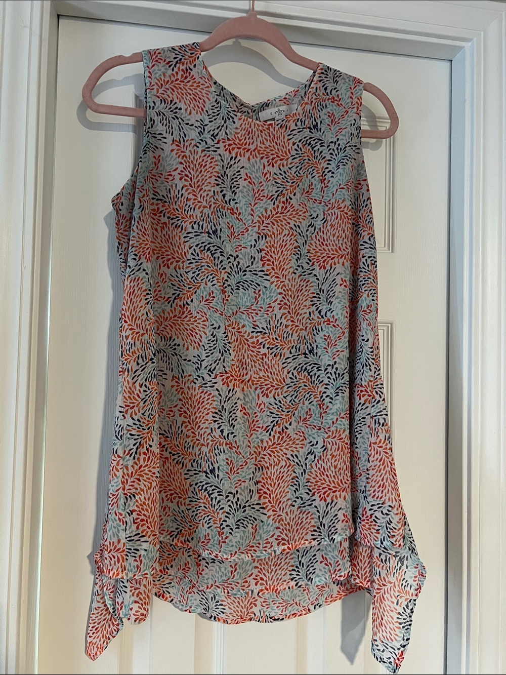 Fever Coral, Light Blue & Navy Leaf-Print Sleeveless Blouse